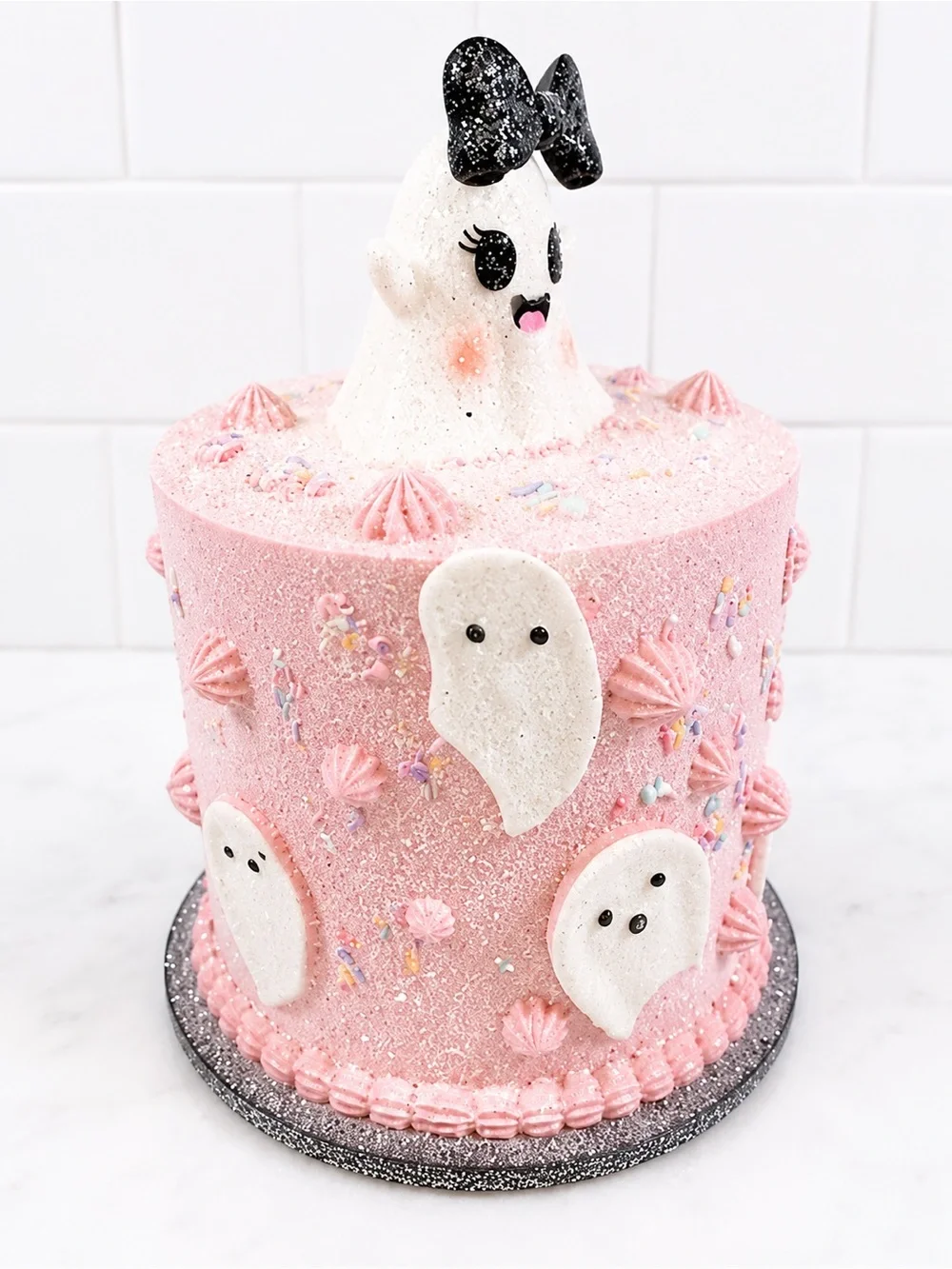 Pink Faux Cake Ghost Figurine Halloween Pastel Goth Decor Black Bow New